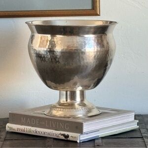 Vintage Silver Color Hammered Metal Vase With Patina